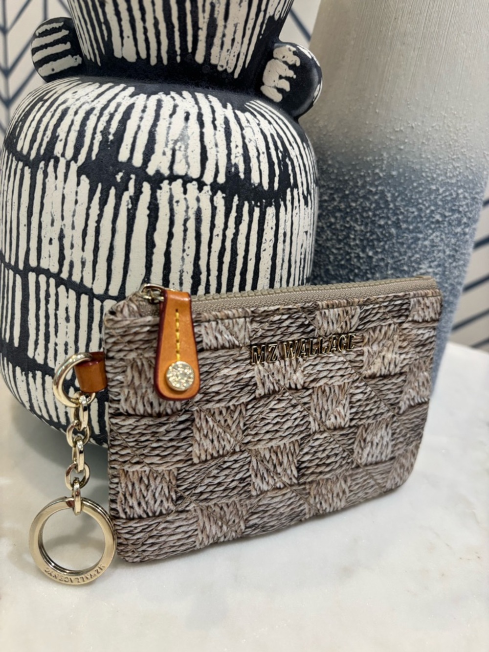 MZ Wallace Jute Rec Woven Card Case with light gold Key Ring